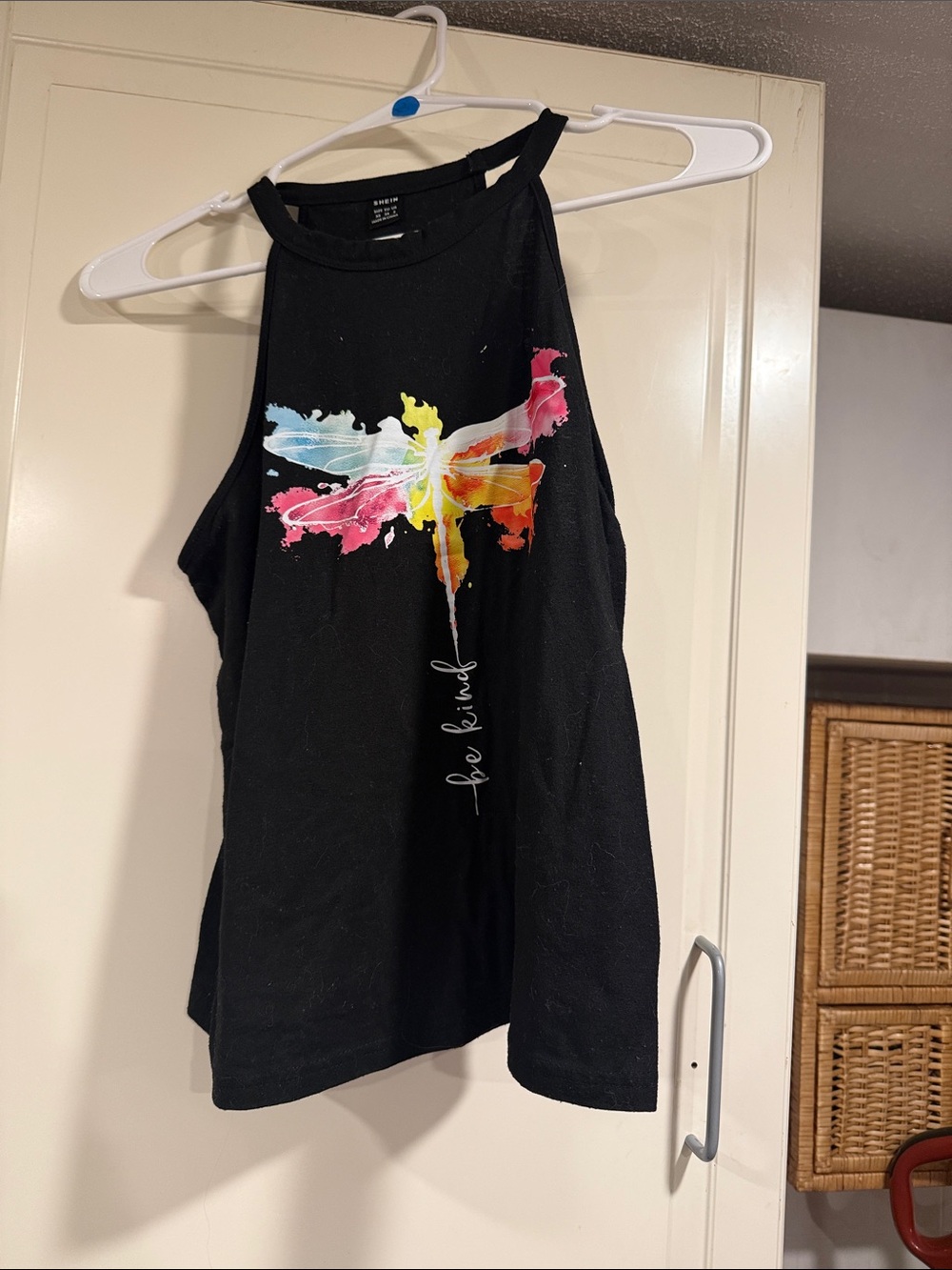 Shein Women's Black Tank Top with Colorful Dragonfly Graphic size XS 8:24